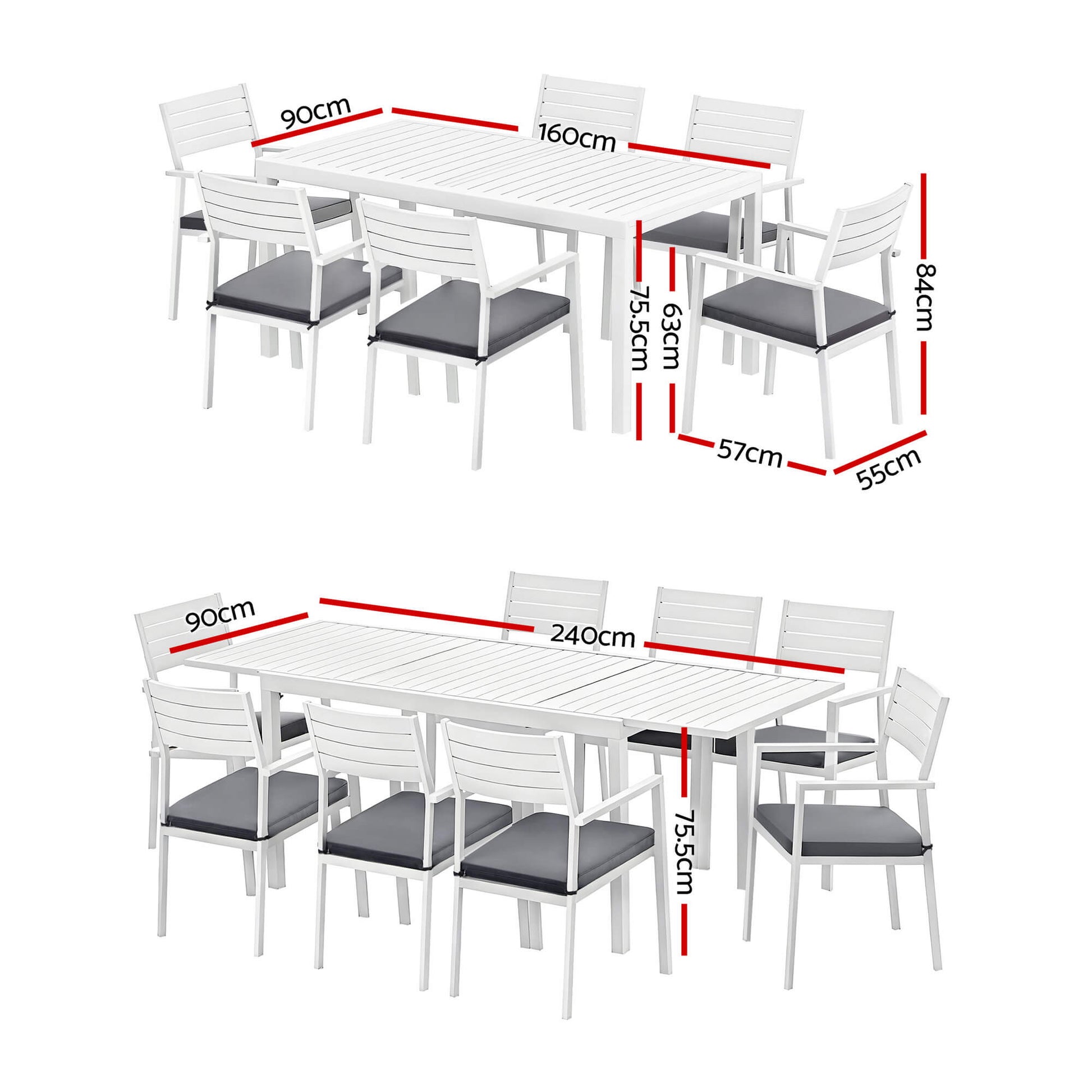 Somers | Coastal Black White Aluminium Extendable 9 Seater Outdoor Door Table Set | White
