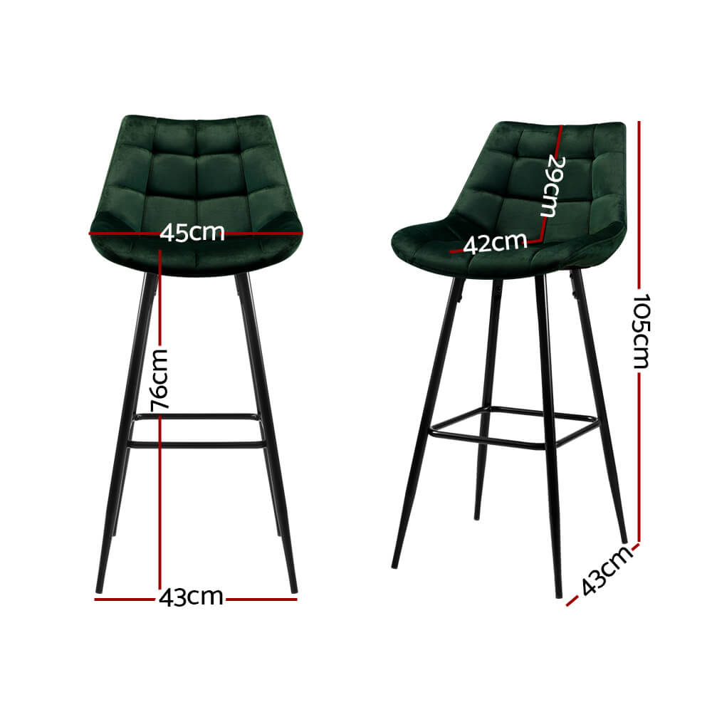 Stanhope | Modern Metal Velvet Bar Stools | Set Of 2 | Green