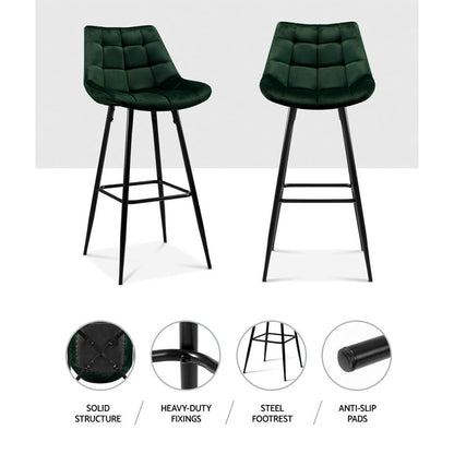 Stanhope | Modern Metal Velvet Bar Stools | Set Of 2 | Green