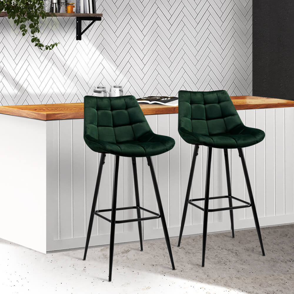 Stanhope | Modern Metal Velvet Bar Stools | Set Of 2 | Green