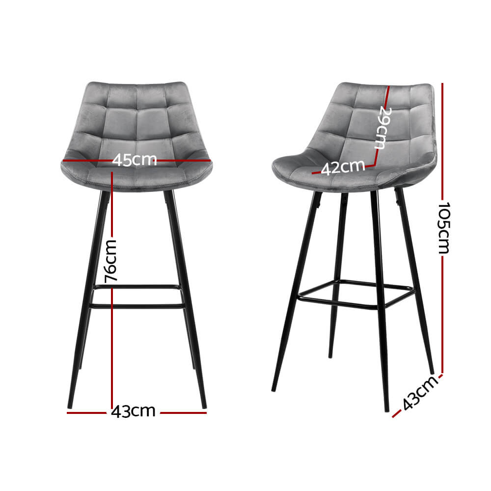 Stanhope | Modern Metal Velvet Bar Stools | Set Of 2 | Grey