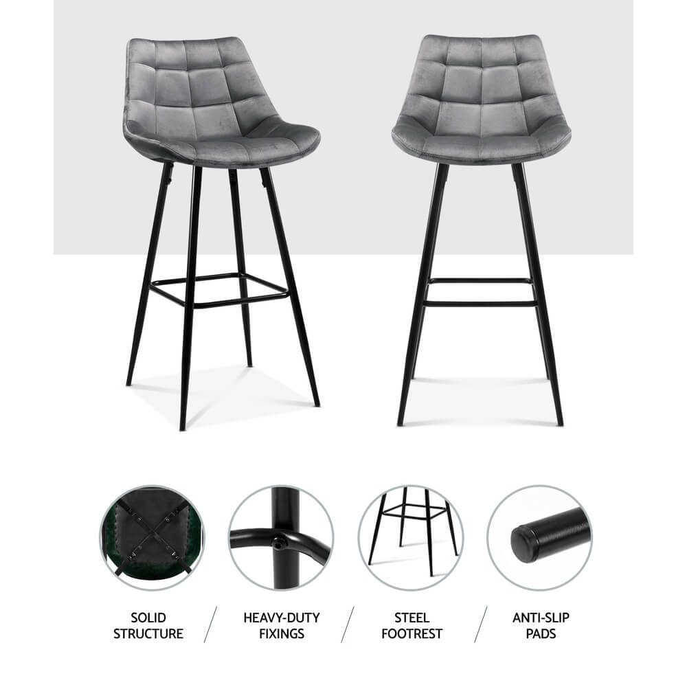 Stanhope | Modern Metal Velvet Bar Stools | Set Of 2 | Grey