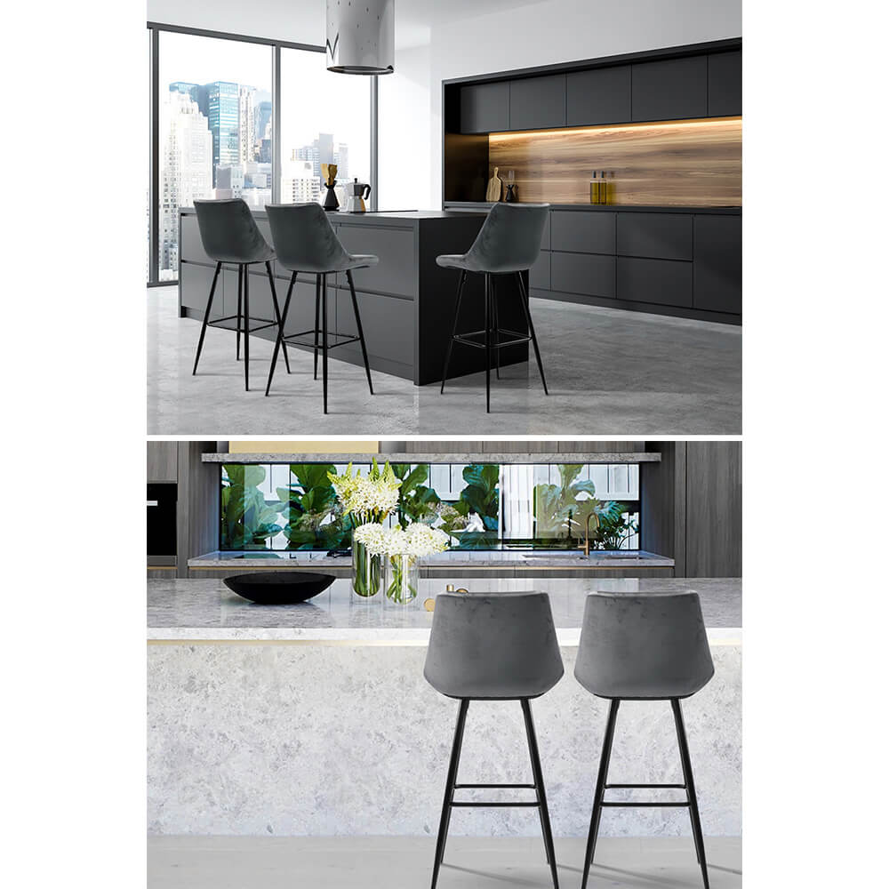 Stanhope | Modern Metal Velvet Bar Stools | Set Of 2 | Grey