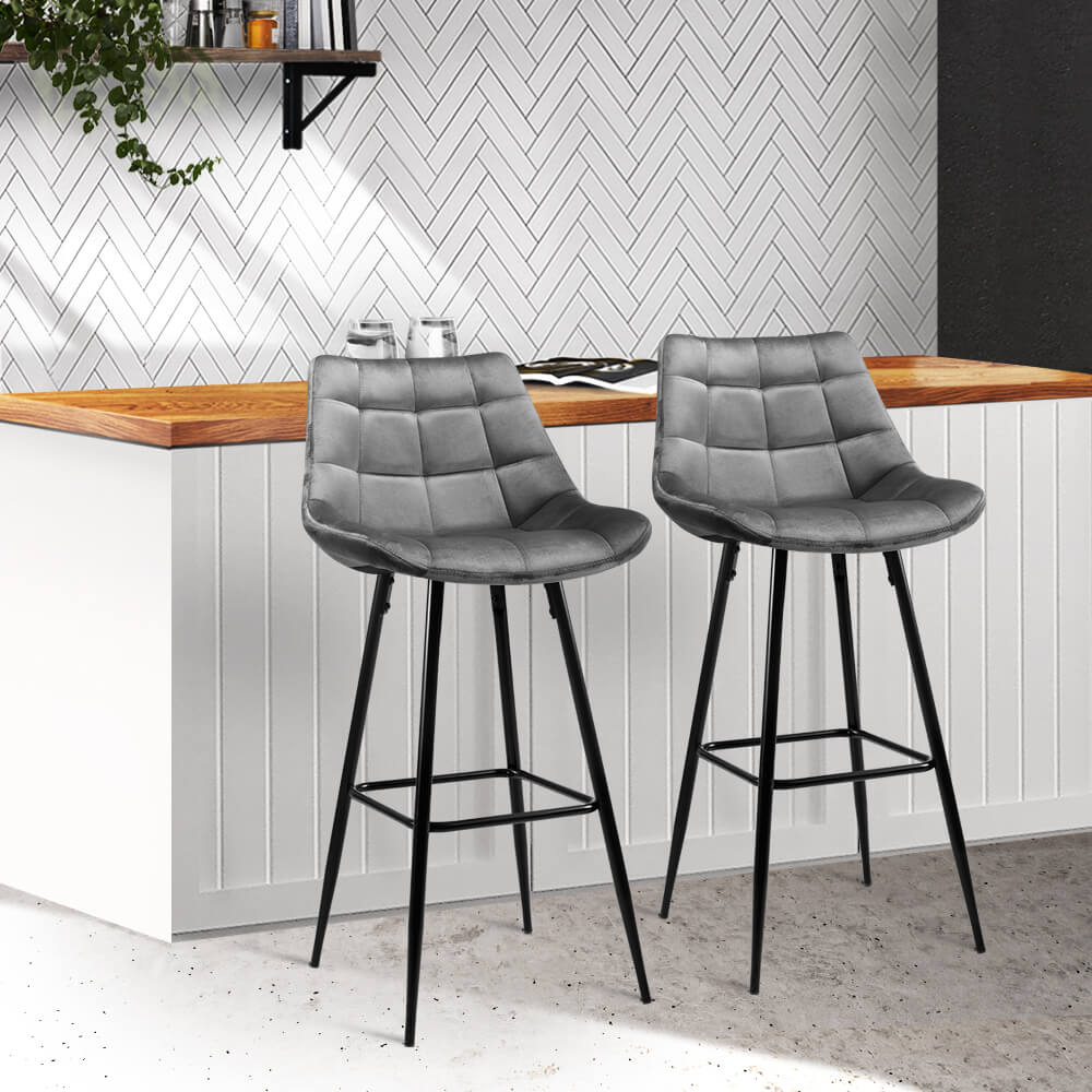 Stanhope | Modern Metal Velvet Bar Stools | Set Of 2 | Grey