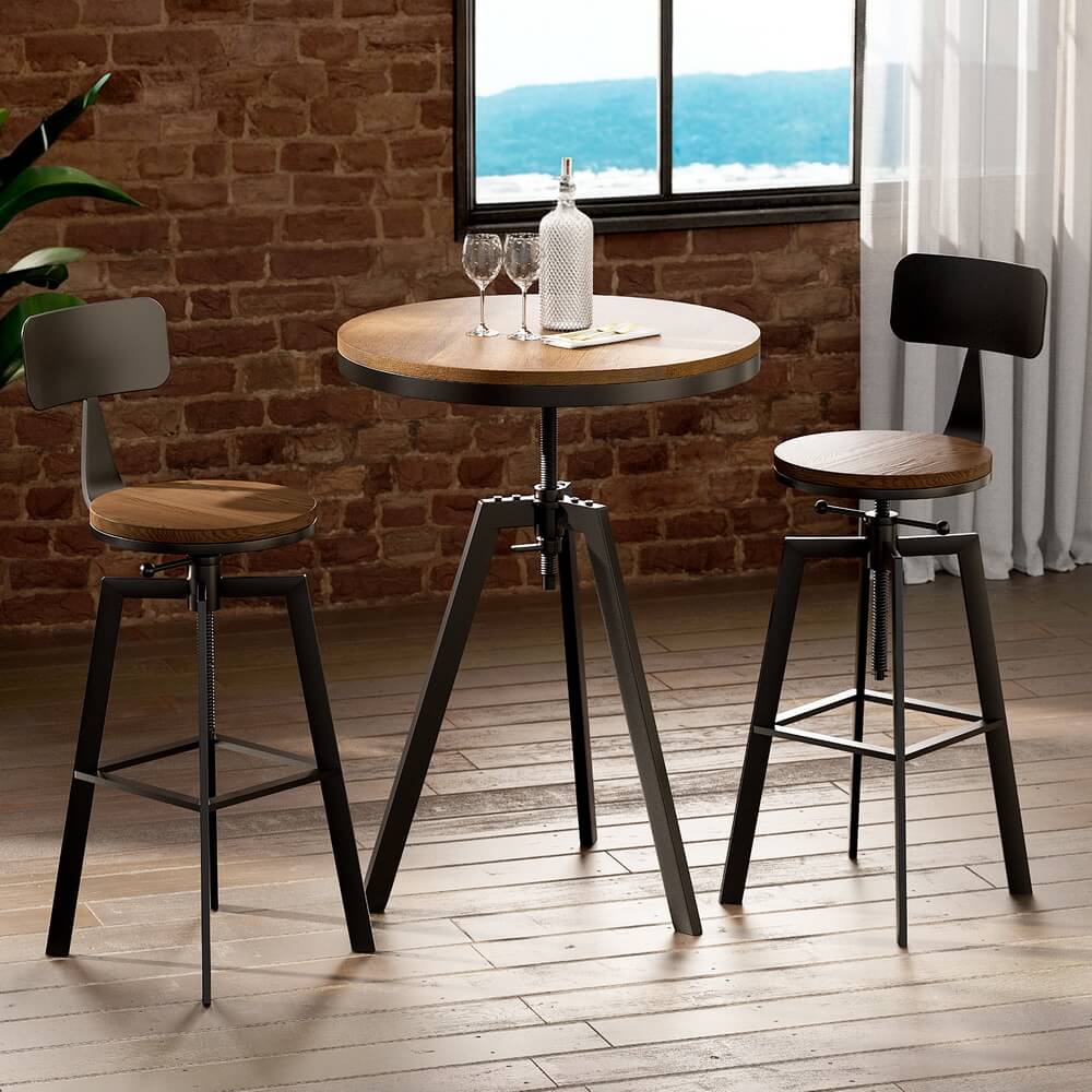 Stanley | Industrial Metal Black Wooden Bar Stool Table Set | Black