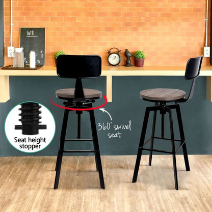 Stanley | Industrial Metal Black Natural Wooden Bar Stools | Set Of 4