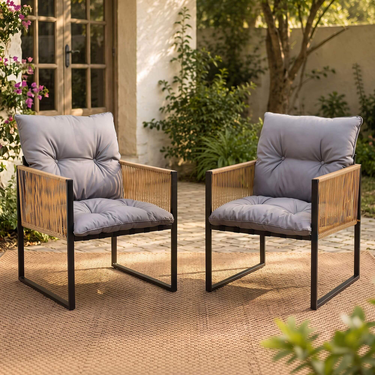 Staplyton | Coastal Natural Wicker Black Metal Dining Chairs With Arms | Set Of 2 | Black
