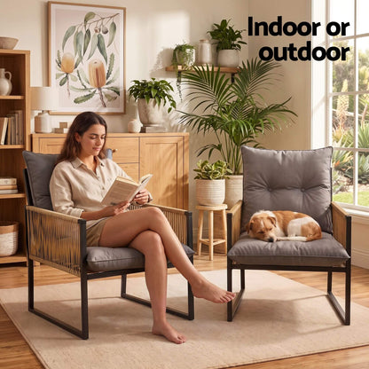 Staplyton | Coastal Natural Wicker Black Metal Dining Chairs With Arms | Set Of 2 | Black