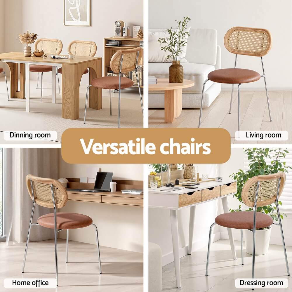 Stavanger | Modern Brown PU Leather Rattan Dining Chairs | Set Of 2 | Brown