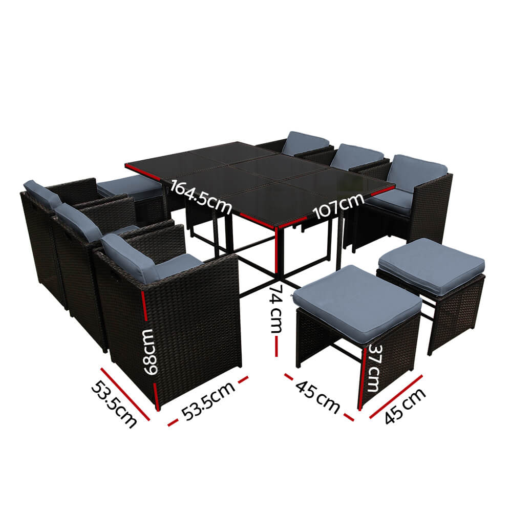 Sunnyhill | Black Metal PE Wicker Outdoor Dining Chair Table Set | 11 Pieces | Black