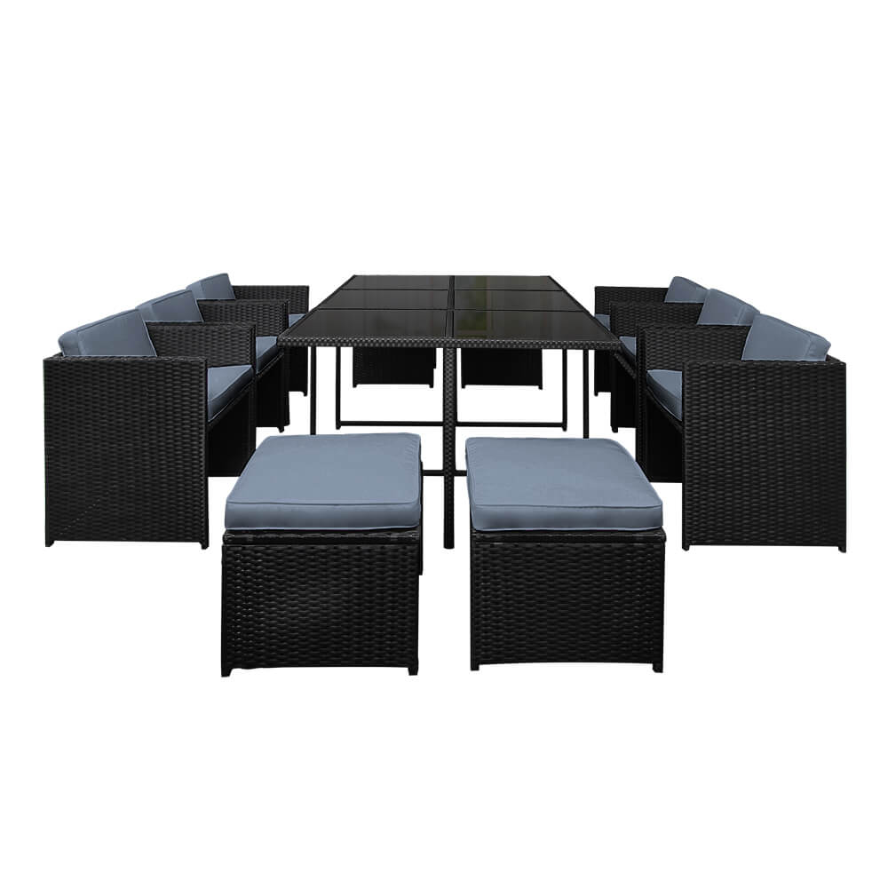 Sunnyhill | Black Metal PE Wicker Outdoor Dining Chair Table Set | 11 Pieces | Black