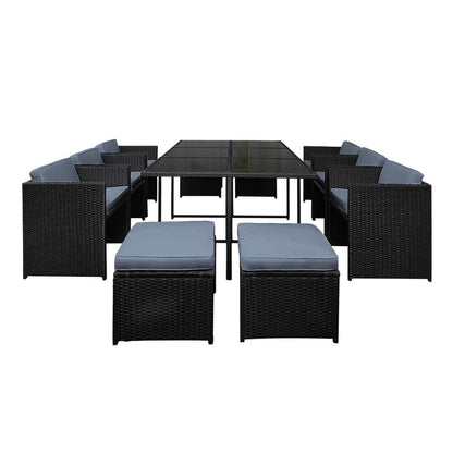 Sunnyhill | Black Metal PE Wicker Outdoor Dining Chair Table Set | 11 Pieces | Black