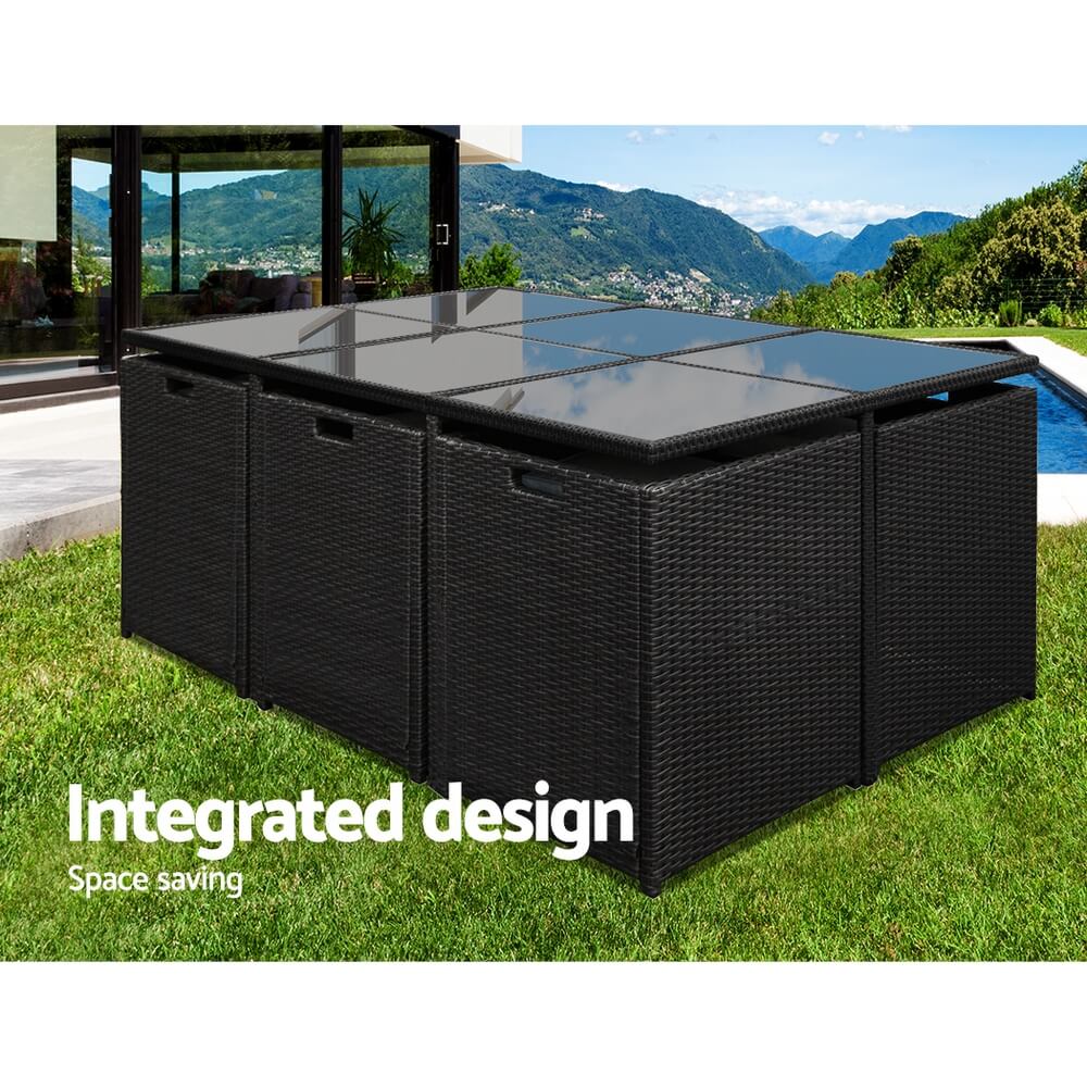 Sunnyhill | Black Metal PE Wicker Outdoor Dining Chair Table Set | 11 Pieces | Black