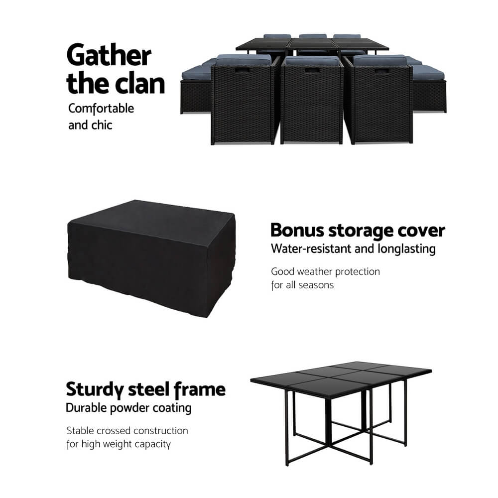 Sunnyhill | Black Metal PE Wicker Outdoor Dining Chair Table Set | 11 Pieces | Black