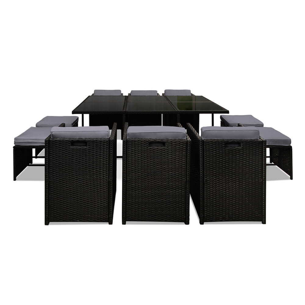 Sunnyhill | Black Metal PE Wicker Outdoor Dining Chair Table Set | 11 Pieces | Black