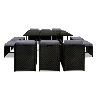 Sunnyhill | Black Metal PE Wicker Outdoor Dining Chair Table Set | 11 Pieces | Black