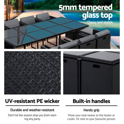 Sunnyhill | Black Metal PE Wicker Outdoor Dining Chair Table Set | 13 Pieces | Black