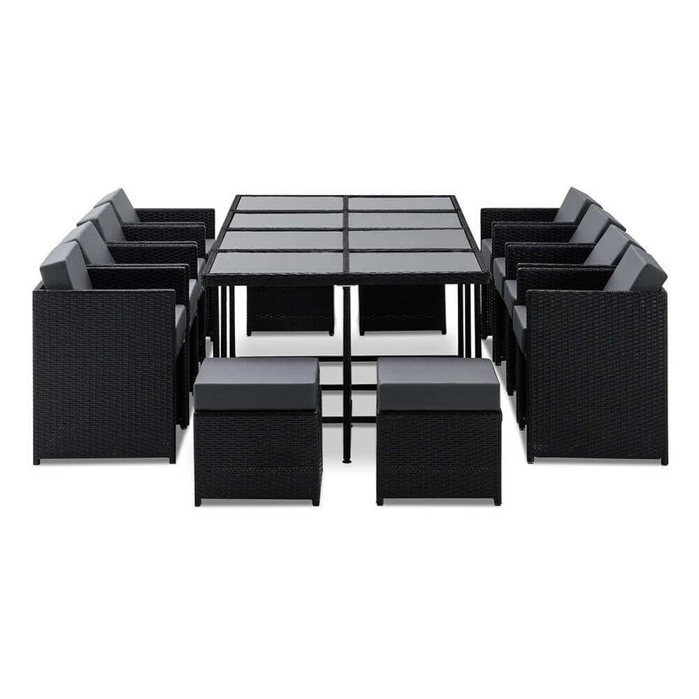 Sunnyhill | Black Metal PE Wicker Outdoor Dining Chair Table Set | 13 Pieces | Black