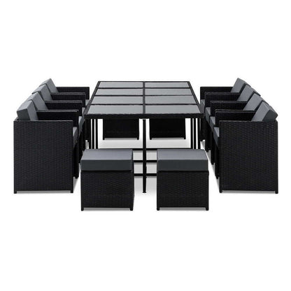 Sunnyhill | Black Metal PE Wicker Outdoor Dining Chair Table Set | 13 Pieces | Black