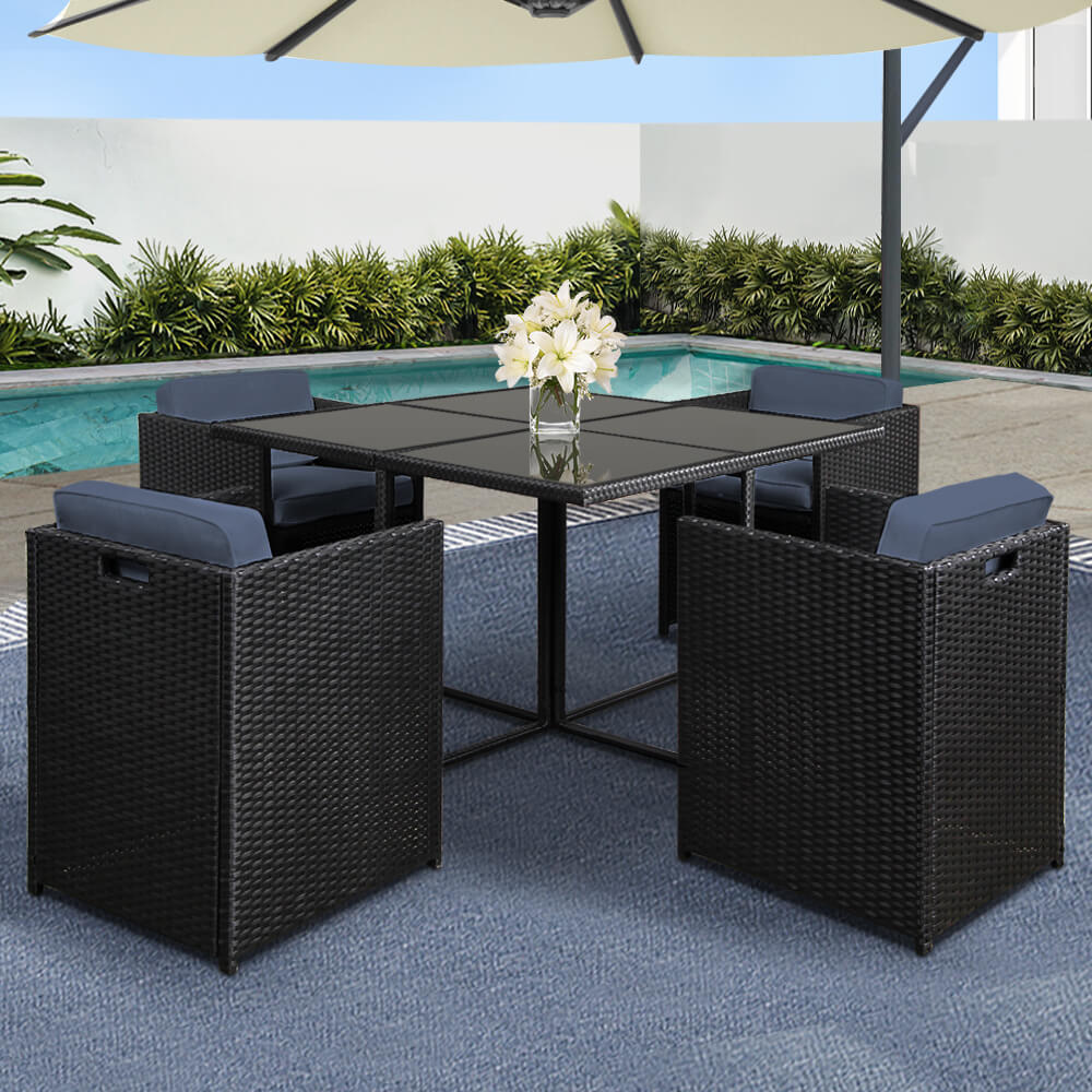 Sunnyhill | Black Metal PE Wicker Outdoor Dining Chair Table Set 5 piece | Black