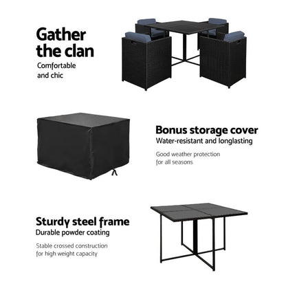 Sunnyhill | Black Metal PE Wicker Outdoor Dining Chair Table Set 5 piece | Black