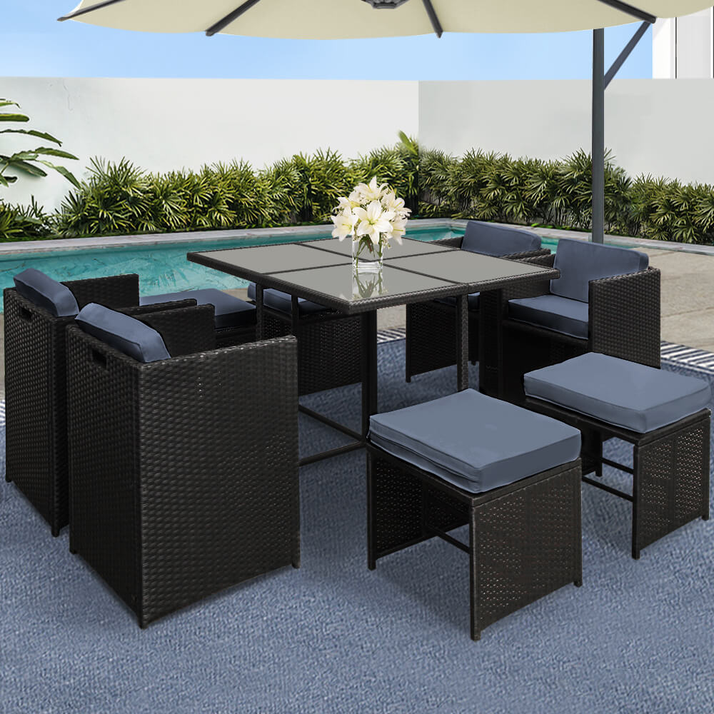 Sunnyhill | Black Metal PE Wicker Outdoor Dining Chair Table Set | 9 Pieces | Black