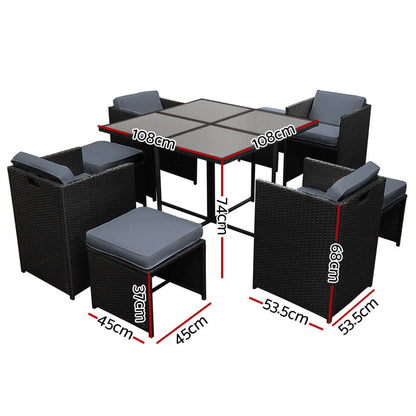 Sunnyhill | Black Metal PE Wicker Outdoor Dining Chair Table Set | 9 Pieces | Black