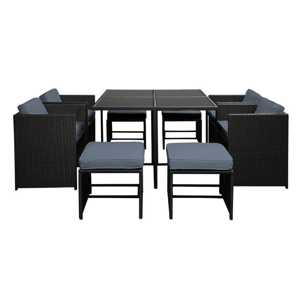 Sunnyhill | Black Metal PE Wicker Outdoor Dining Chair Table Set | 9 Pieces | Black