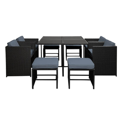 Sunnyhill | Black Metal PE Wicker Outdoor Dining Chair Table Set | 9 Pieces | Black