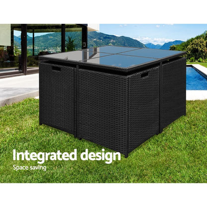 Sunnyhill | Black Metal PE Wicker Outdoor Dining Chair Table Set | 9 Pieces | Black