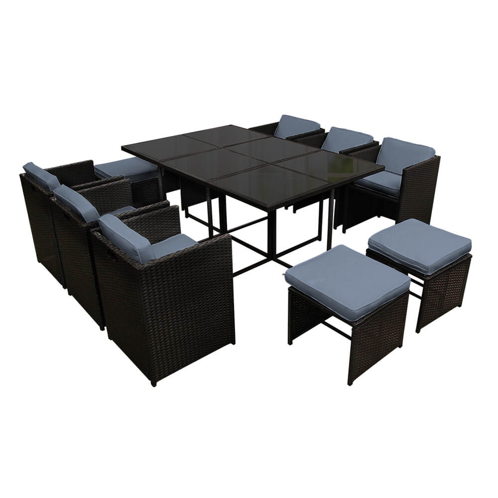 Sunnyhill | Black Metal PE Wicker Outdoor Dining Chair Table Set | 11 Pieces | Black
