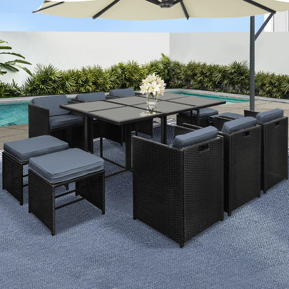 Sunnyhill | Black Metal PE Wicker Outdoor Dining Chair Table Set | 11 Pieces | Black