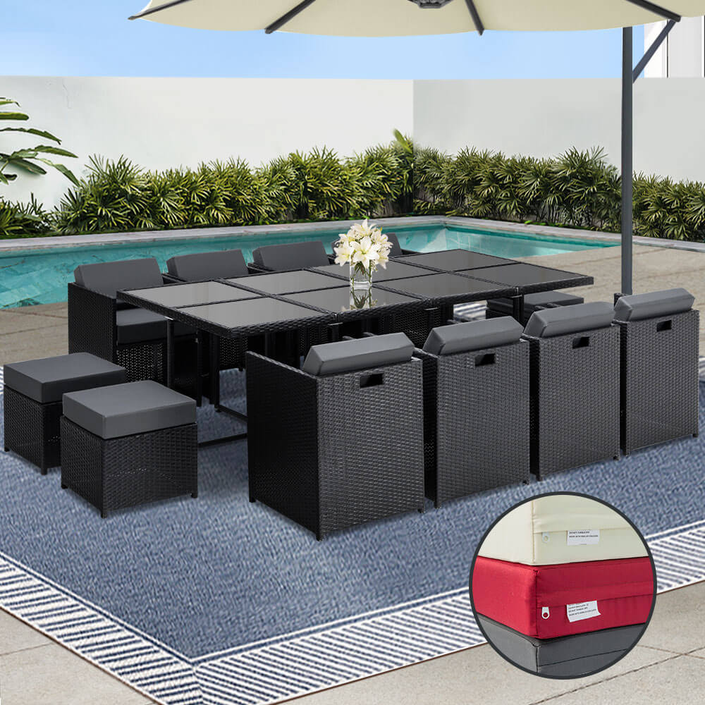 Sunnyhill | Black Metal PE Wicker Outdoor Dining Chair Table Set | 13 Pieces | Black