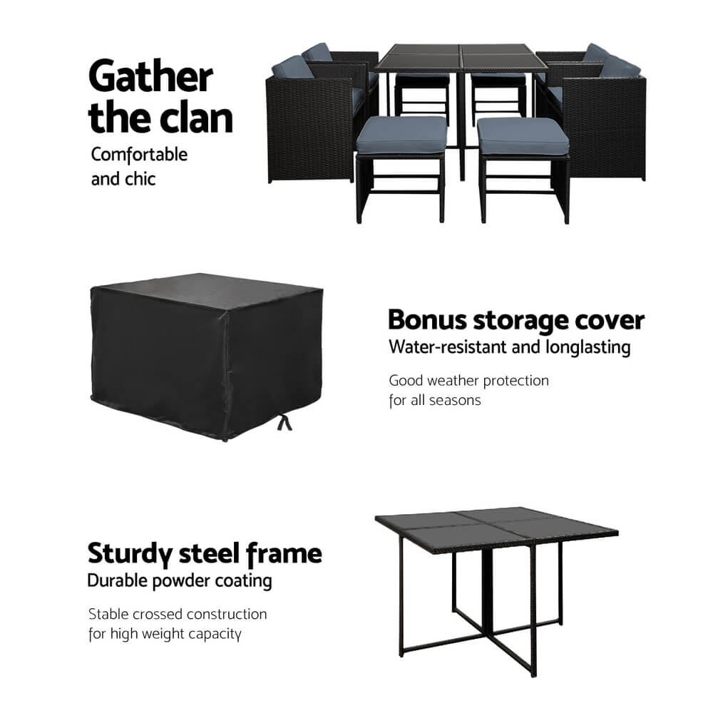 Sunnyhill | Black Metal PE Wicker Outdoor Dining Chair Table Set | 9 Pieces | Black