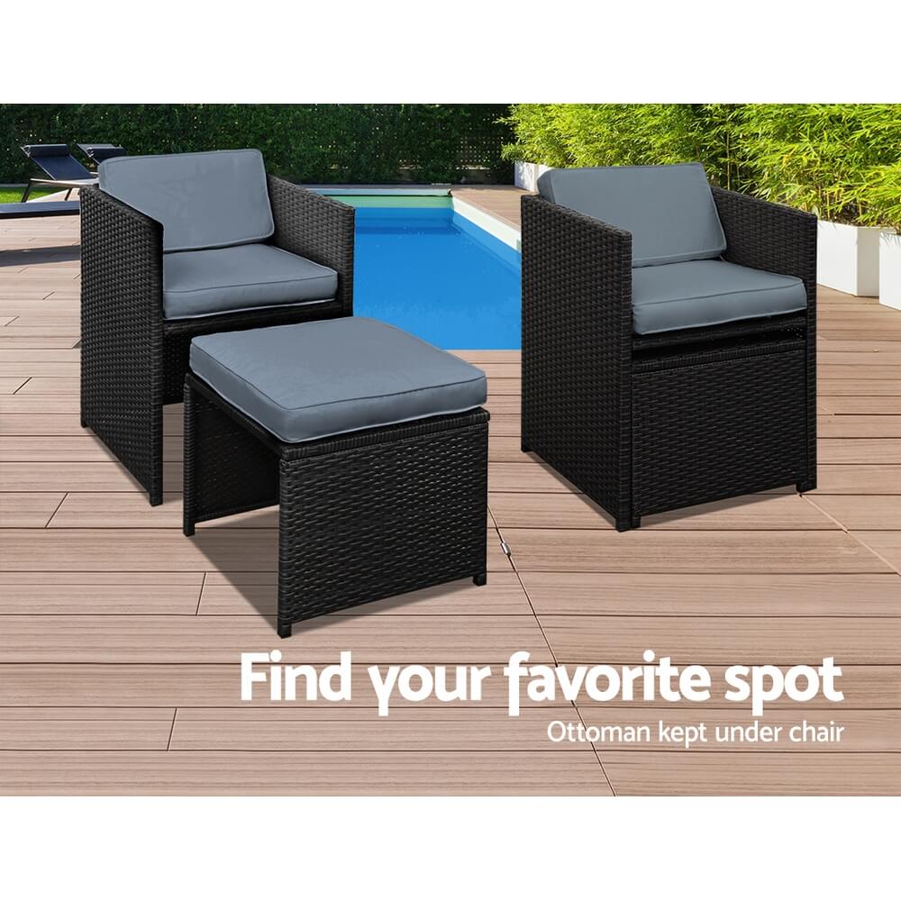 Sunnyhill | Black Metal PE Wicker Outdoor Dining Chair Table Set | 9 Pieces | Black