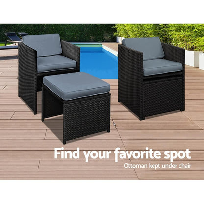 Sunnyhill | Black Metal PE Wicker Outdoor Dining Chair Table Set | 9 Pieces | Black
