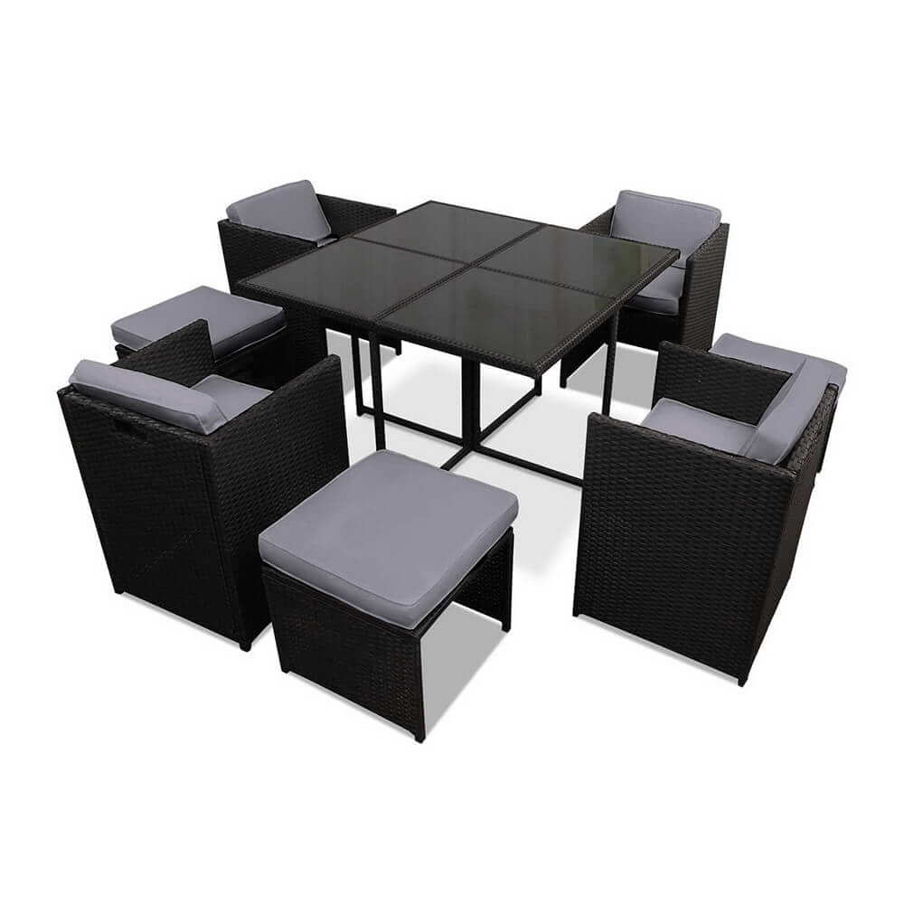 Sunnyhill | Black Metal PE Wicker Outdoor Dining Chair Table Set | 9 Pieces | Black