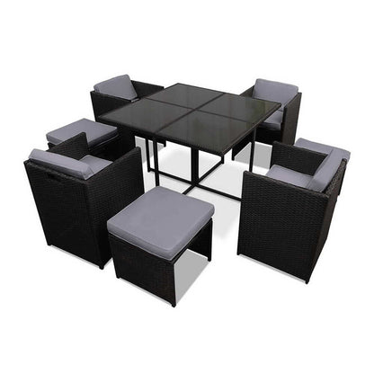 Sunnyhill | Black Metal PE Wicker Outdoor Dining Chair Table Set | 9 Pieces | Black