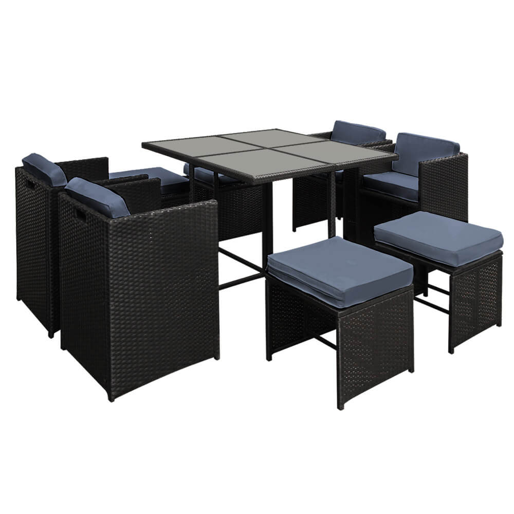 Sunnyhill | Black Metal PE Wicker Outdoor Dining Chair Table Set | 9 Pieces | Black