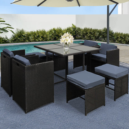 Sunnyhill | Black Metal PE Wicker Outdoor Dining Chair Table Set | 9 Pieces | Black