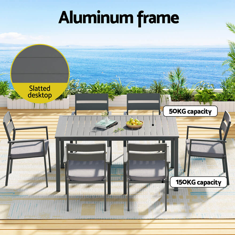 Torbay | Coastal Black White Aluminum Extendable 7 Seater Outdoor Door Table Set | Black