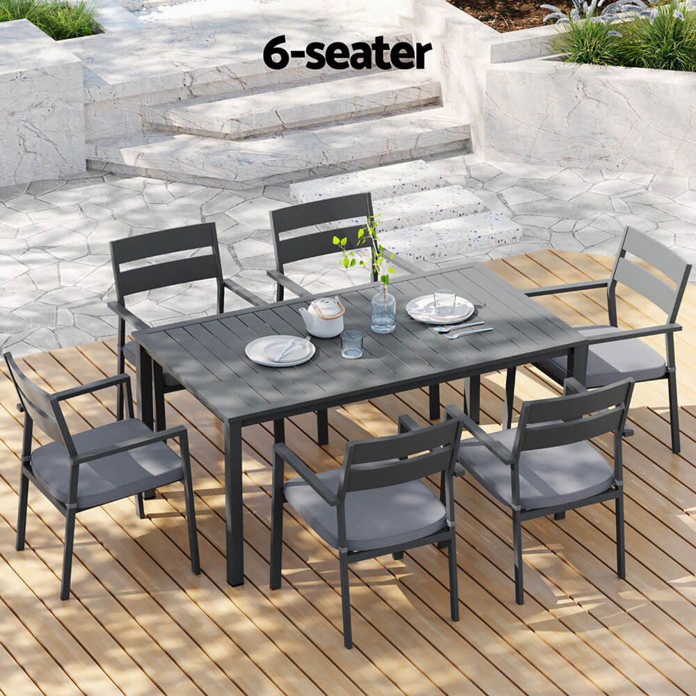 Torbay | Coastal Black White Aluminum Extendable 7 Seater Outdoor Door Table Set | Black