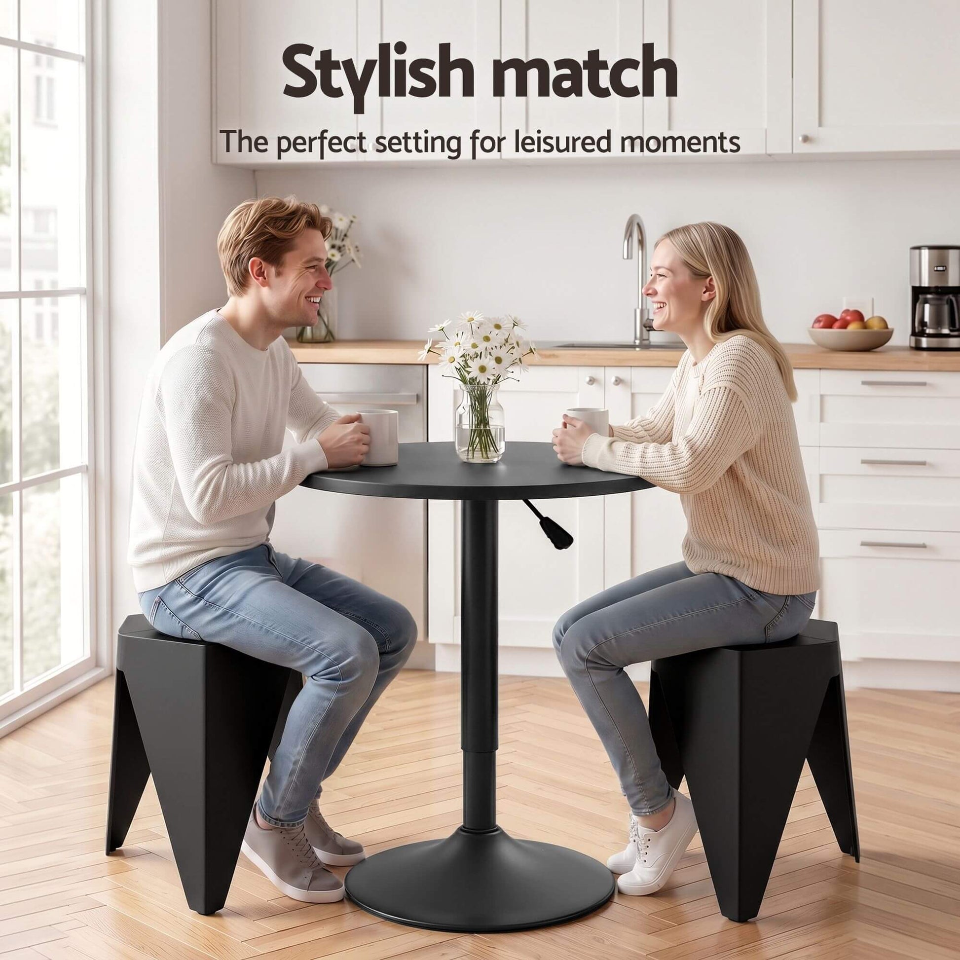 Trentham | Modern Polypropylene Black White Steel Swivel Outdoor Bar Stool Set | Black