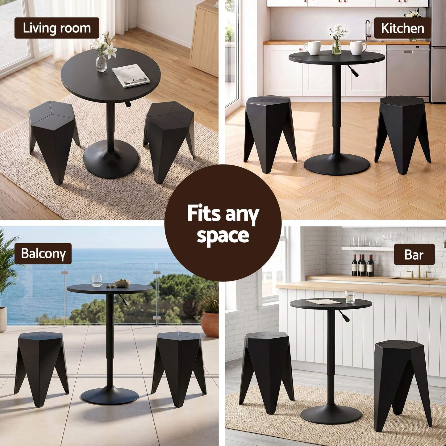 Trentham | Modern Polypropylene Black White Steel Swivel Outdoor Bar Stool Set | Black