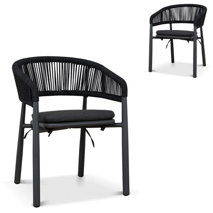 Trevean | Coastal Black Green White Rope Outdoor Dining Chairs With Arms | Set Of 2 | Charcoal