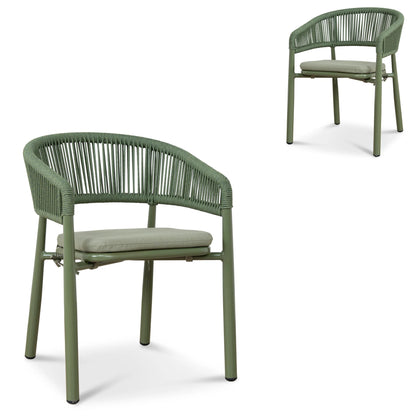 Trevean | Coastal Black Green White Rope Outdoor Dining Chairs With Arms | Set Of 2 | Army Green