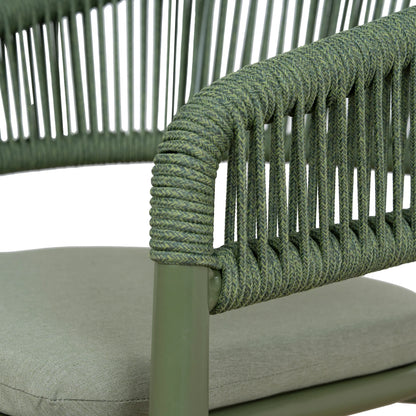 Trevean | Coastal Black Green White Rope Outdoor Dining Chairs With Arms | Set Of 2 | Army Green