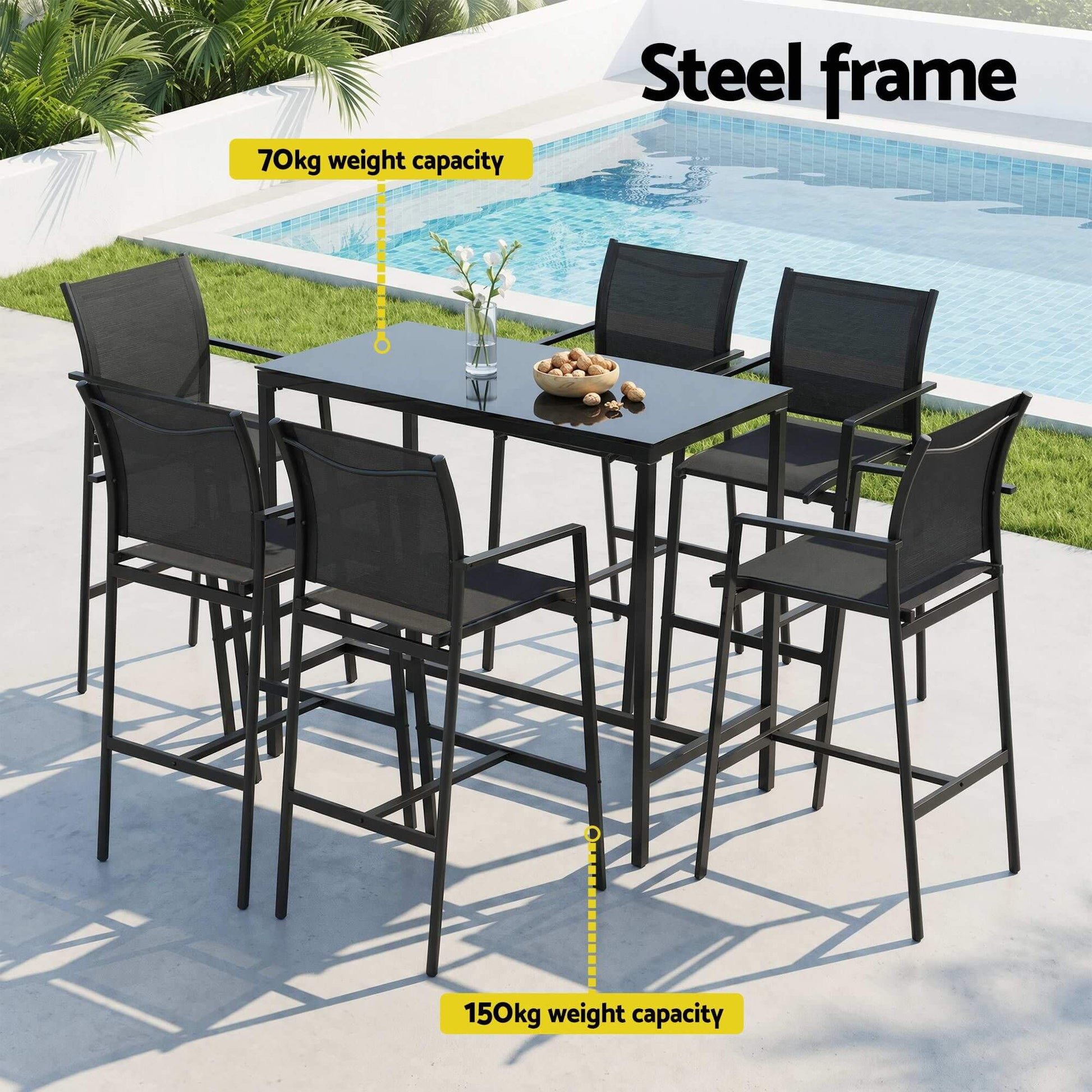 Westbridge | Black White Metal Indoor Outdoor Bar Stool Set | 6 Seater | Black