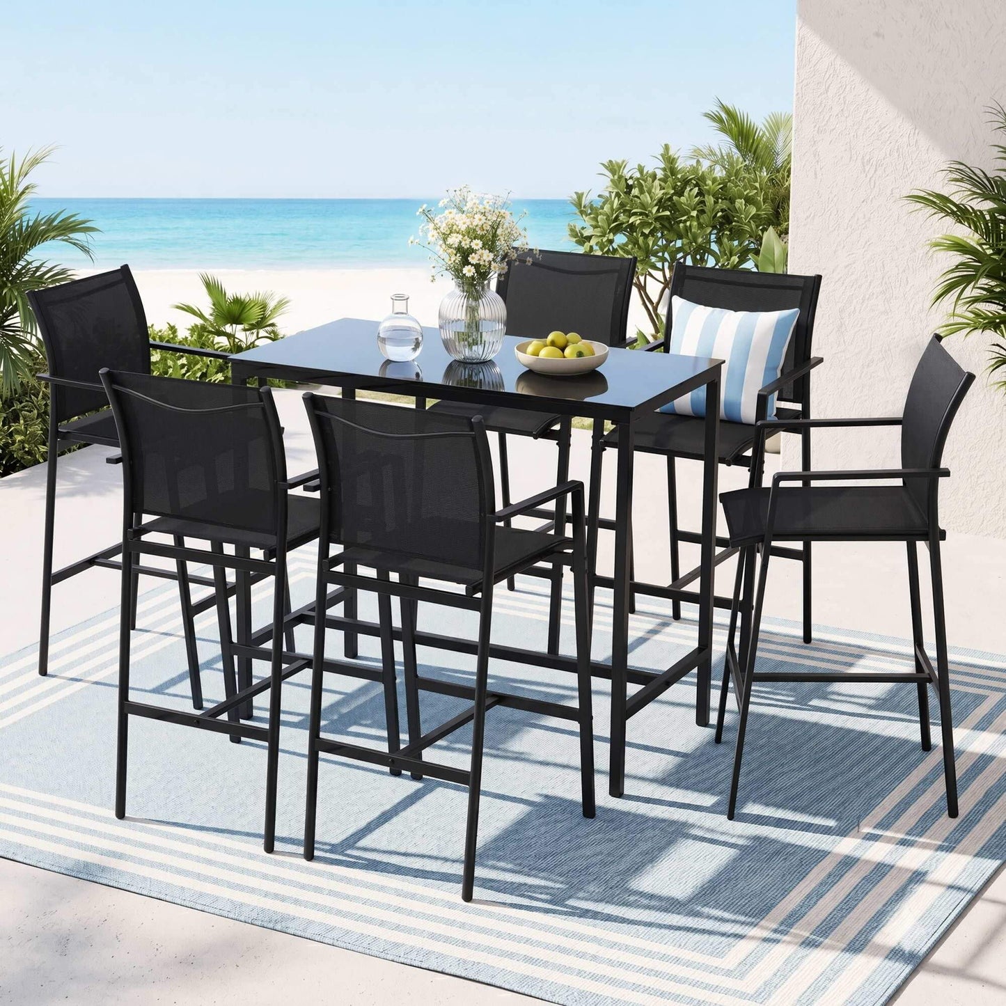 Westbridge | Black White Metal Indoor Outdoor Bar Stool Set | 6 Seater | Black