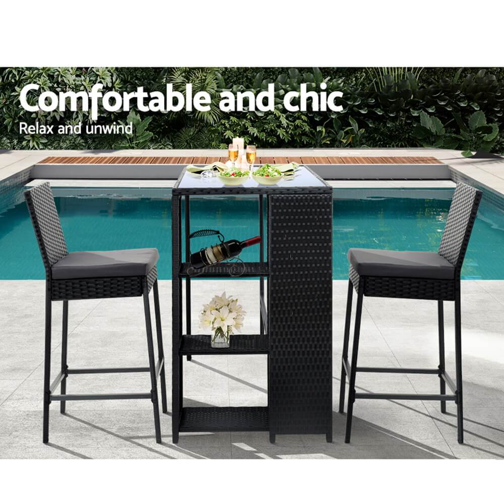 Whitehaven Baroosa | Coastal Black PE Wicker Outdoor Bar Stool Set | Black